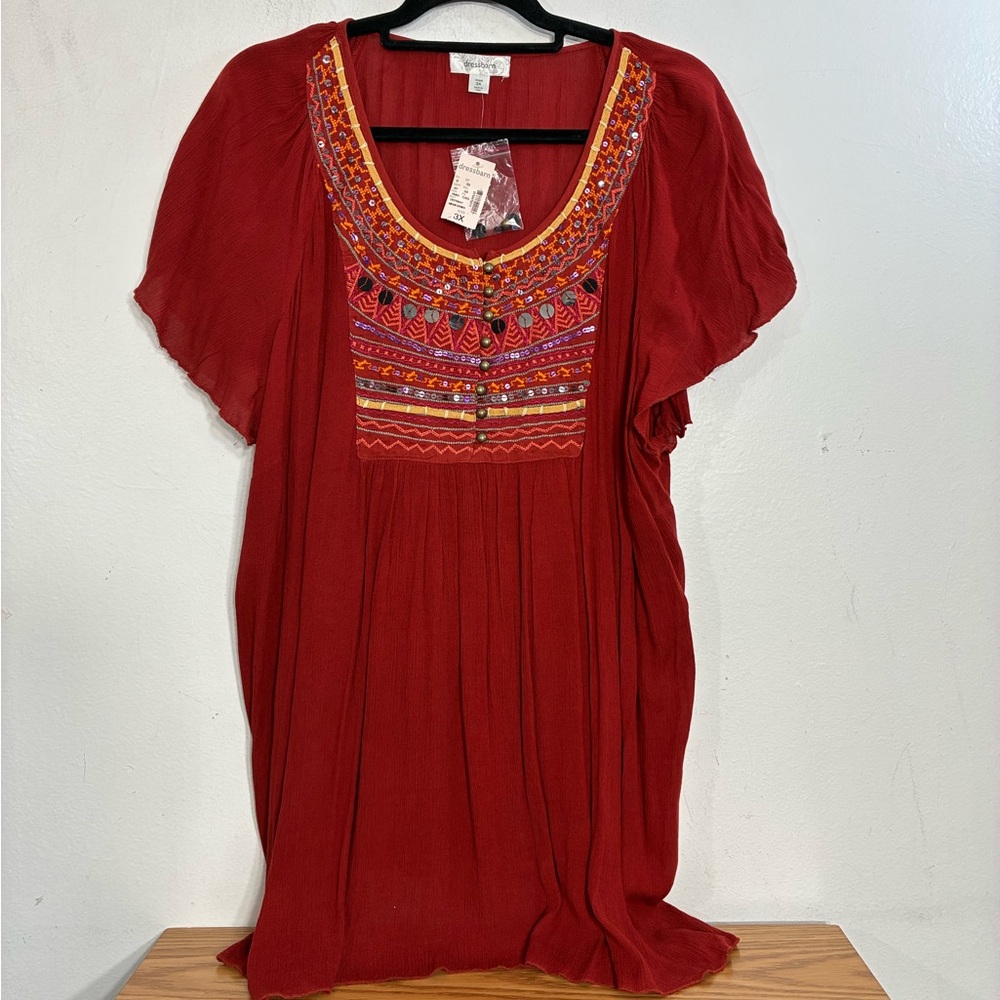 Dressbarn Red Boho Blouse embellished Yoke 3X NEW